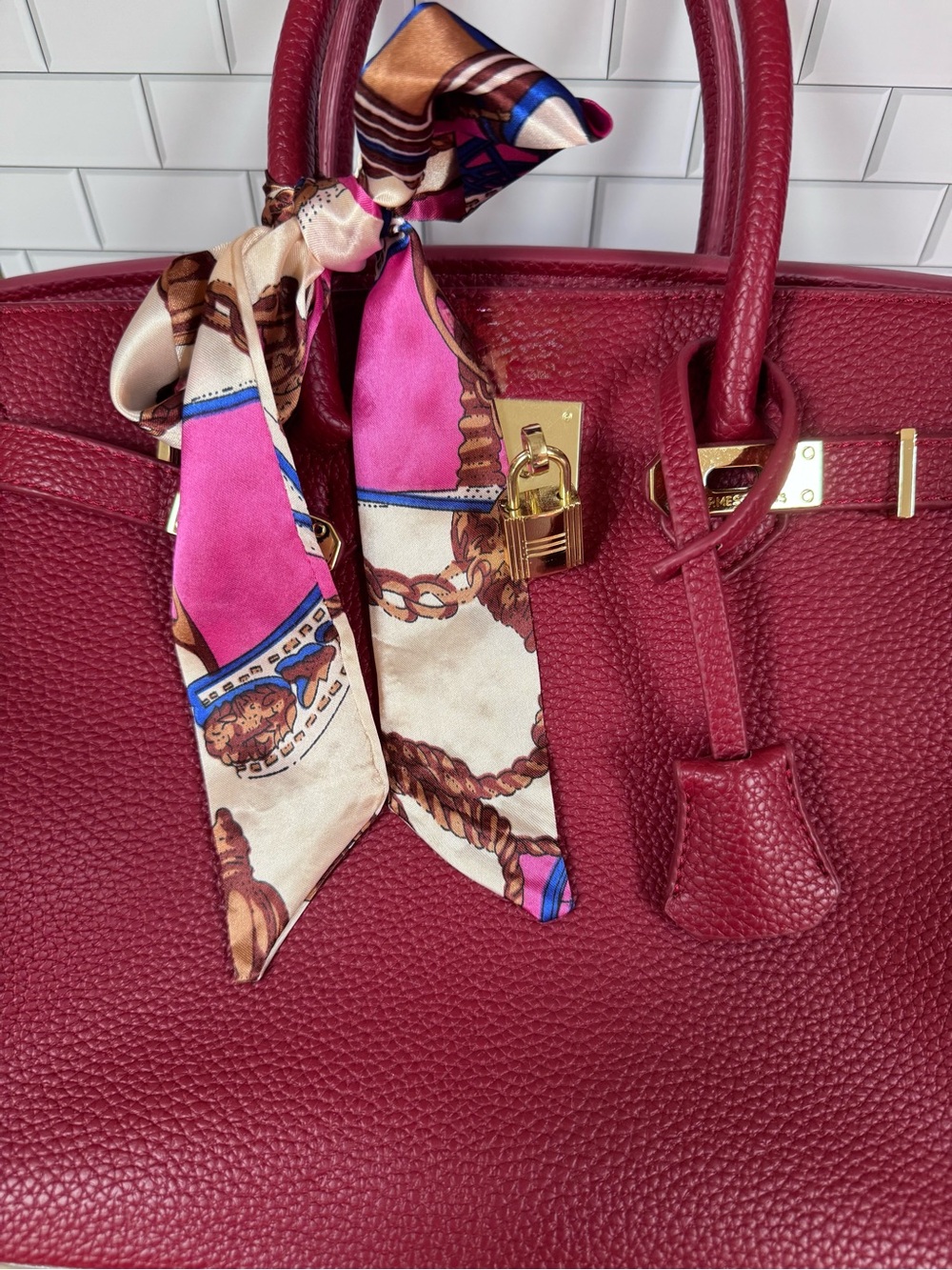 Women's Textured Burgundy Leather Tote with Scarf Accent